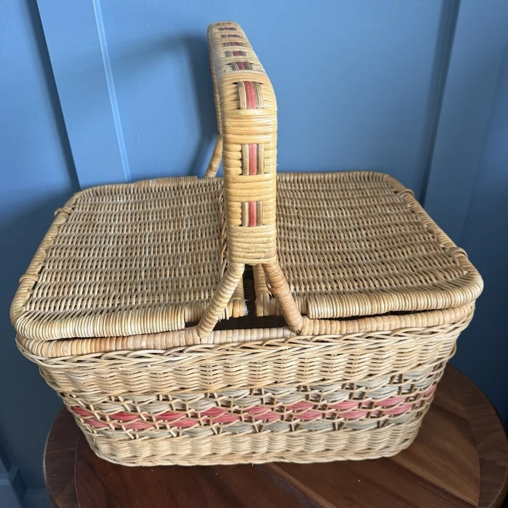 Vintage Wicker Picnic Market Basket Double Lid Terracotta Sage Large
